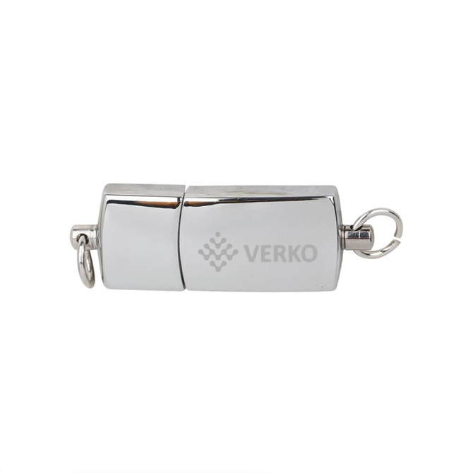 A shiny silver flash drive with a sleek design and a keyring attachment, featuring a logo.