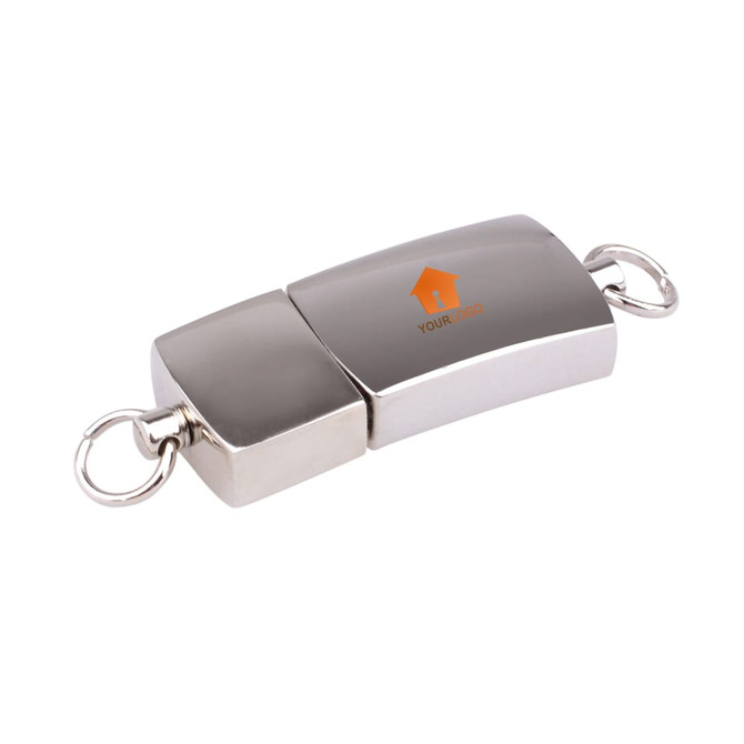 A silver flash drive with a sleek design and a keyring attachment. It features a logo on its surface.