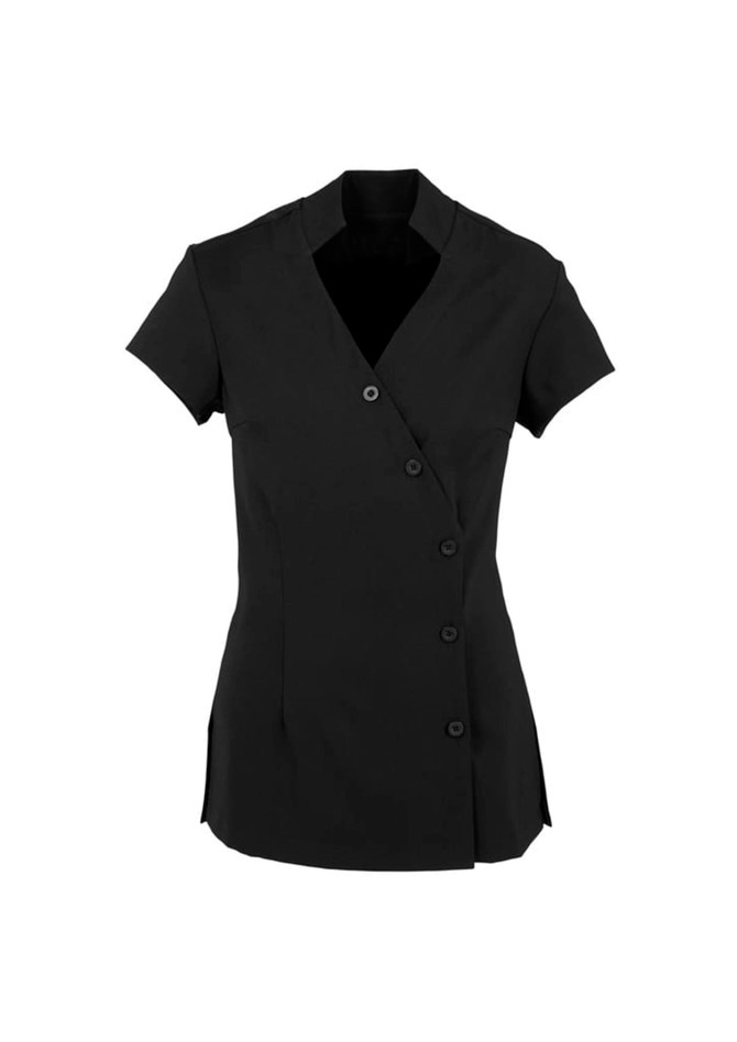 A black women's crossover tunic featuring short sleeves and a buttoned front. It has a sleek, tailored design.