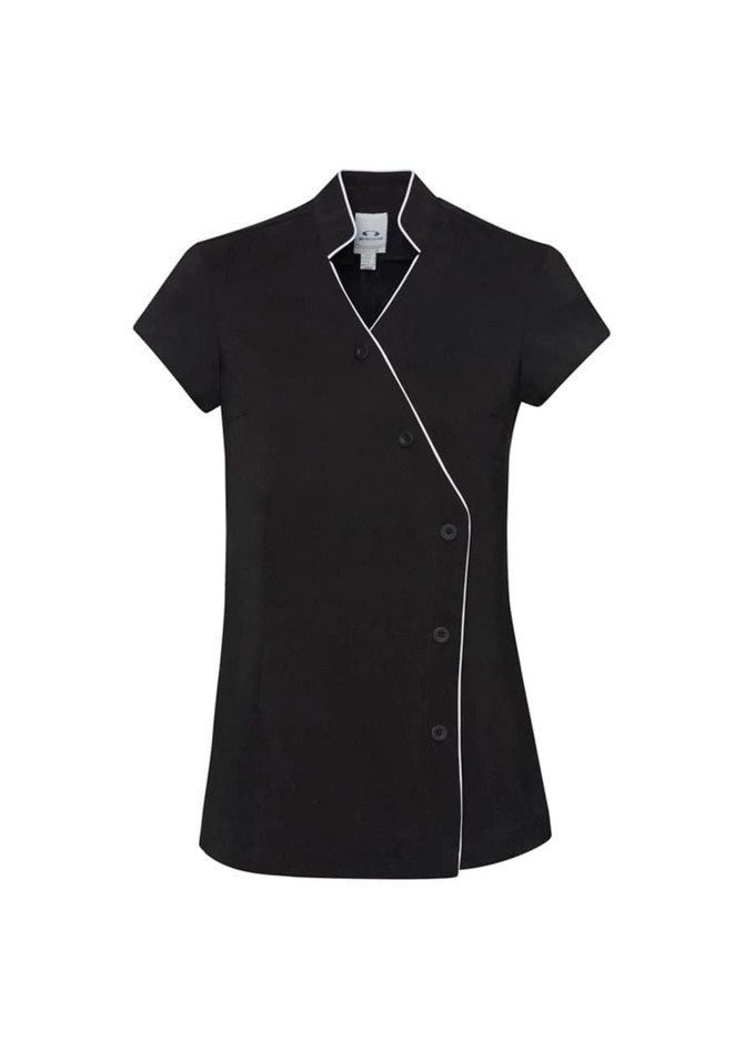 A black crossover tunic with short sleeves and white piping, featuring a button closure and logo.