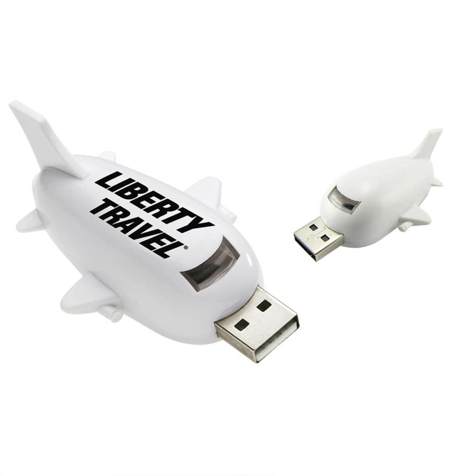 A white aircraft-shaped flash drive with a small matching design, featuring a logo on its side.
