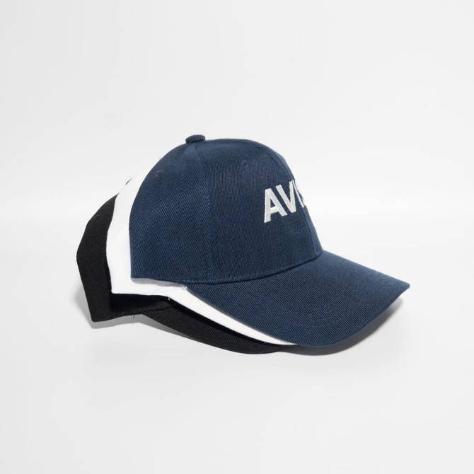 A navy blue cap with a white brim and an adjustable strap at the back, featuring a logo on the front.