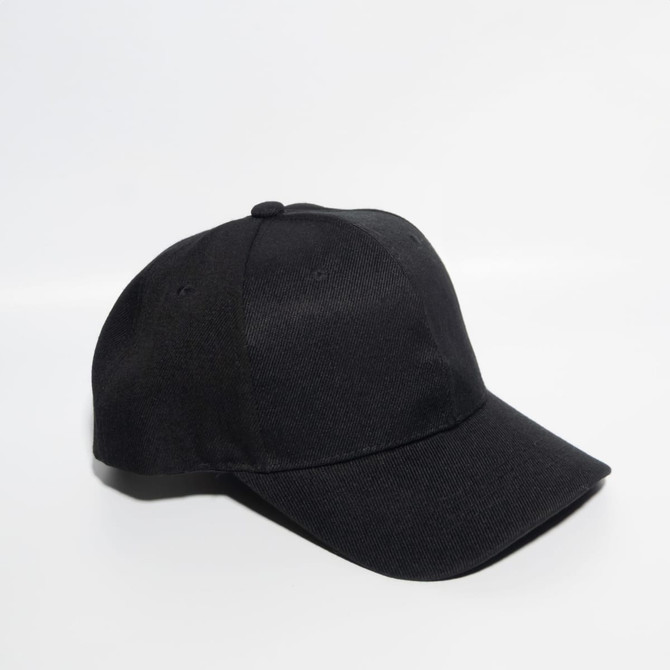 A black ripstop strapback baseball cap featuring a logo, with a curved brim and structured crown.