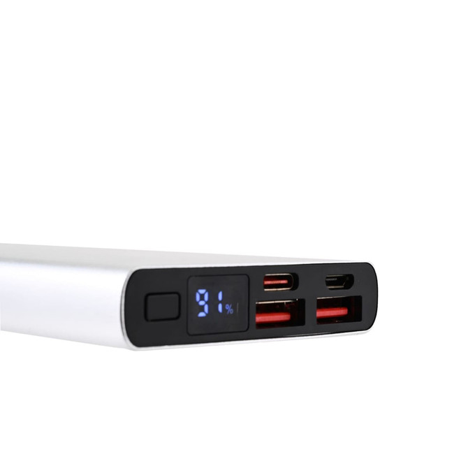 A sleek silver power bank with multiple ports, including USB and USB-C, displaying a battery percentage of 91%.