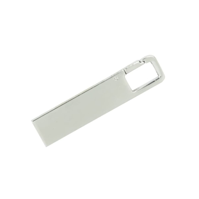 A silver flash drive with a sleek rectangular design and a loop for easy attachment.