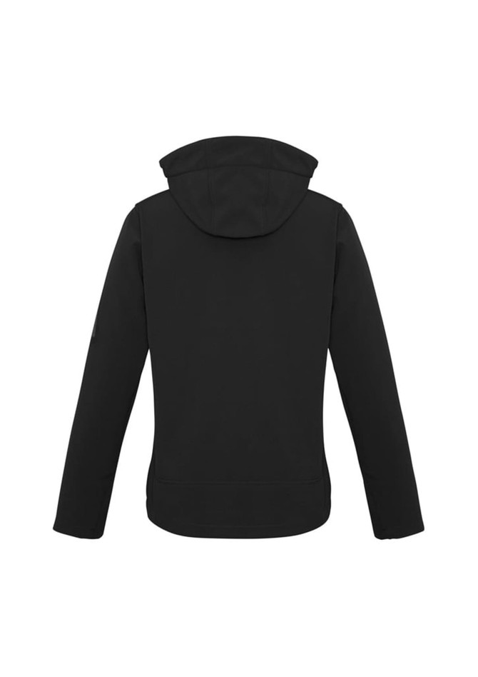 A black women's soft shell jacket with a hood, featuring a logo on the sleeve.