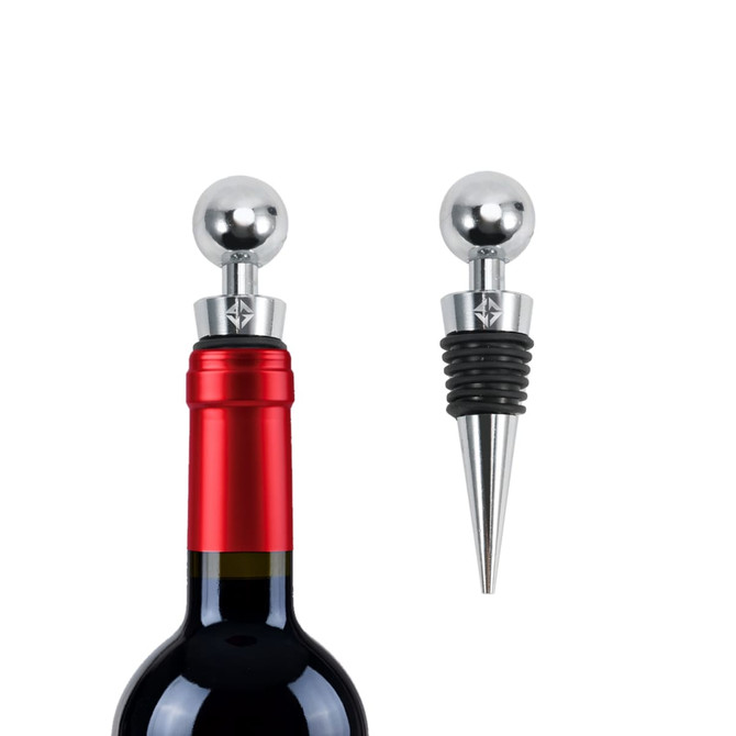 A drink bottle features two vacuum sealed bottle stoppers in silver and black, with a shiny spherical top.