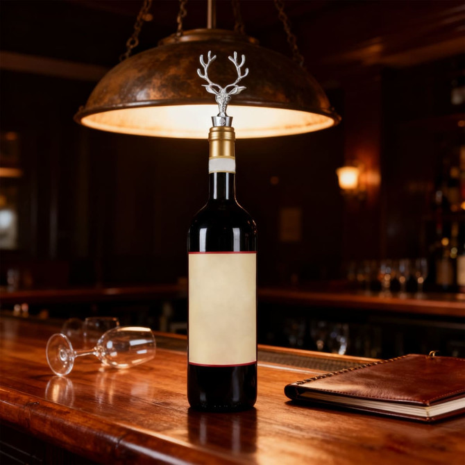 A drink bottle with a gold neck and a silver deer head wine stopper, set in a dimly lit bar environment.