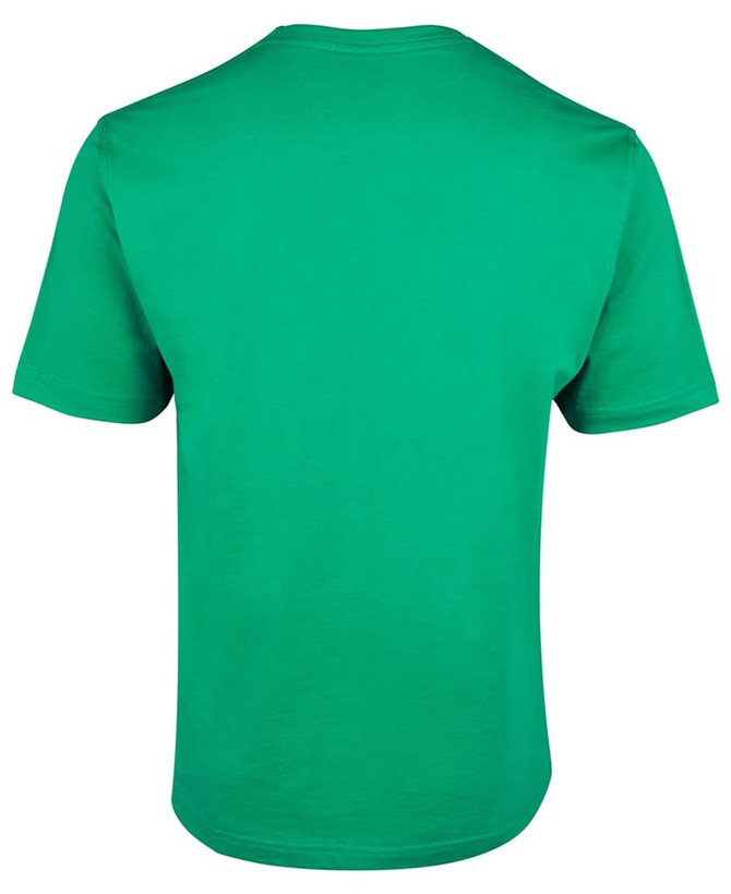 A green T-shirt with short sleeves and a back view. It features a logo on the back.