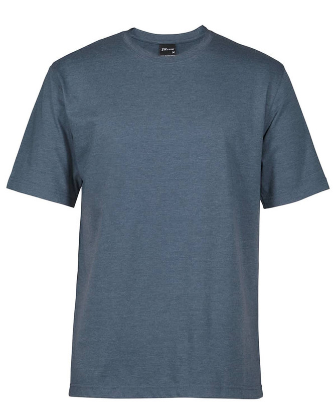A grey T-shirt with short sleeves and a round neck, featuring a logo on the label.