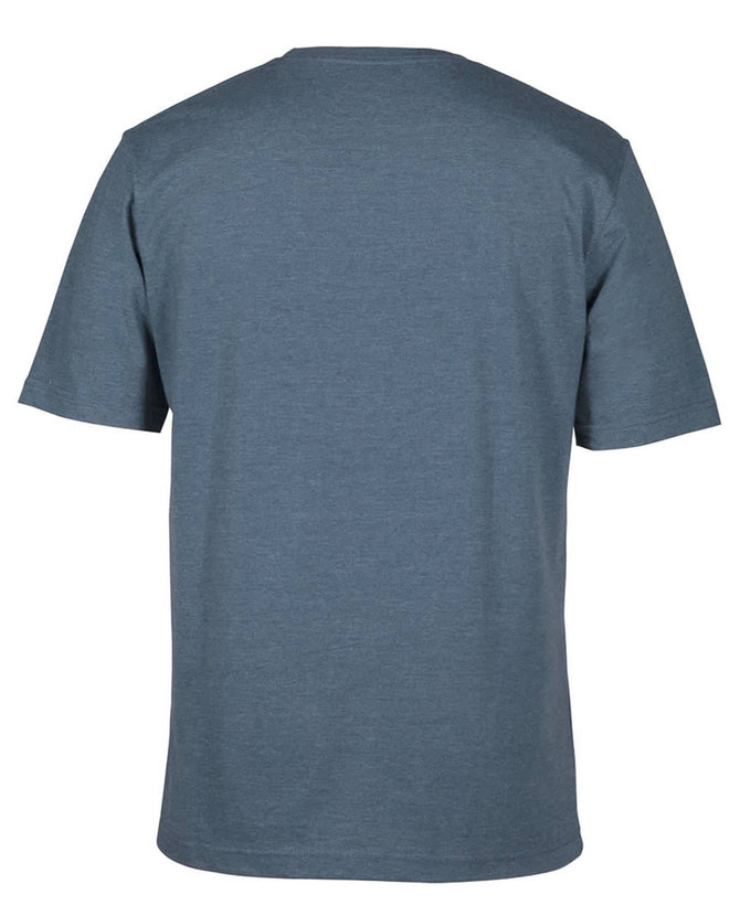A back view of a blue T-shirt, featuring a plain design and short sleeves, with a logo on the neck area.