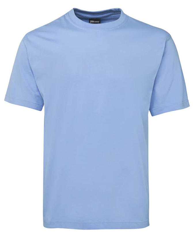 A light blue T-shirt with a round neck and short sleeves, featuring a logo on the tag.