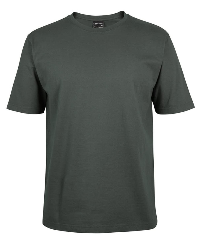 A dark green T-shirt featuring short sleeves and a crew neckline, with a branding logo on the label.