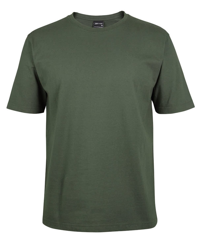 A green T-shirt with short sleeves and a round neck, featuring a logo on the label.