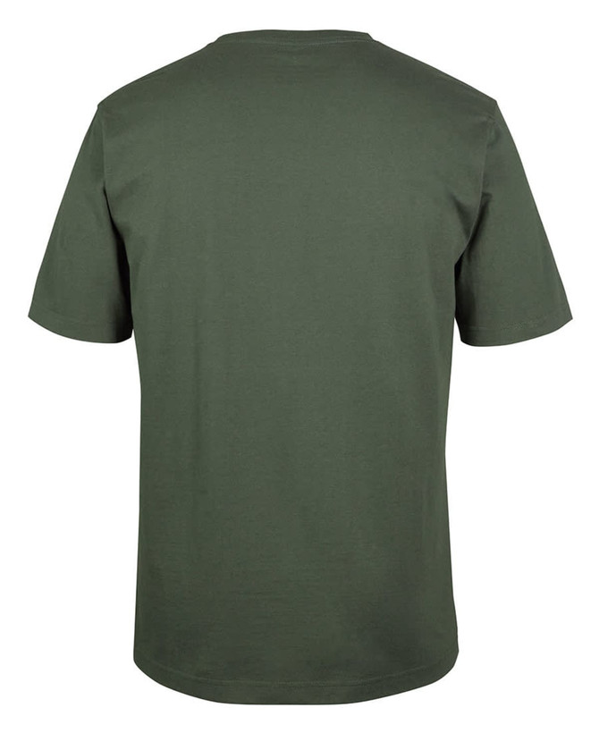 A plain green t-shirt displayed from the back, featuring a simple design and a logo.