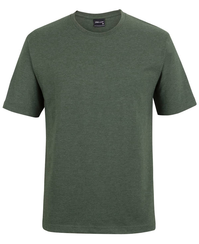A green T-shirt featuring short sleeves and a round neckline, with a branding logo on the label.