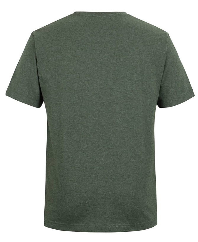 A green T-shirt with a round neck and short sleeves, featuring a logo on the back.