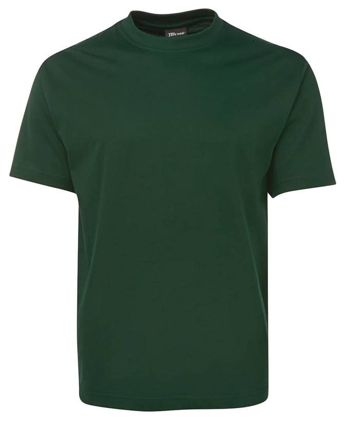 A dark green t-shirt with a round neckline and short sleeves, featuring a brand logo.
