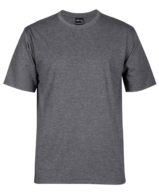 A grey T-shirt featuring short sleeves and a round neckline, with a label inside and a logo on the front.