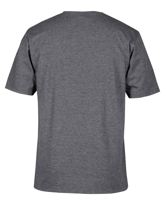 A grey T-shirt with short sleeves, featuring a plain back and a logo on the fabric.