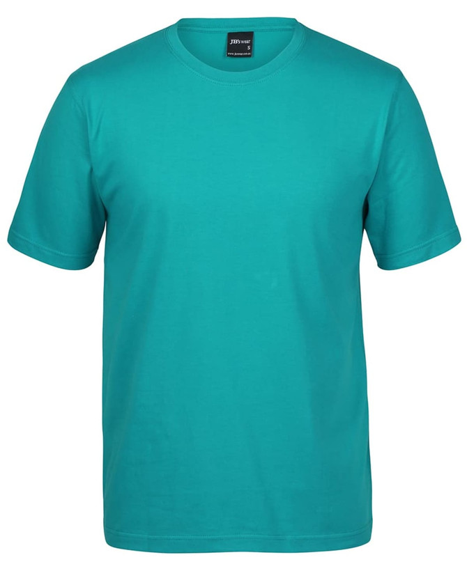 A teal T-shirt with a round neck and short sleeves, featuring a label inside the collar.