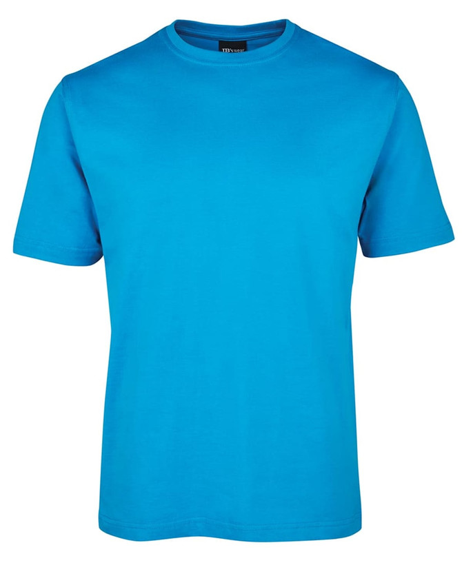 A bright blue T-shirt featuring a round neck and short sleeves. It has a simple design and includes a logo.
