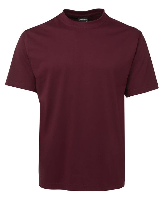 A maroon T-shirt featuring a classic crew neck design and short sleeves, with a logo on the label.
