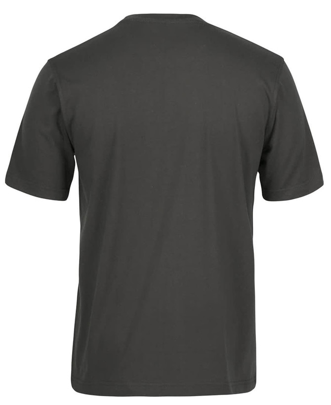 A dark green T-shirt showing the back view, featuring short sleeves and a plain design with a logo.