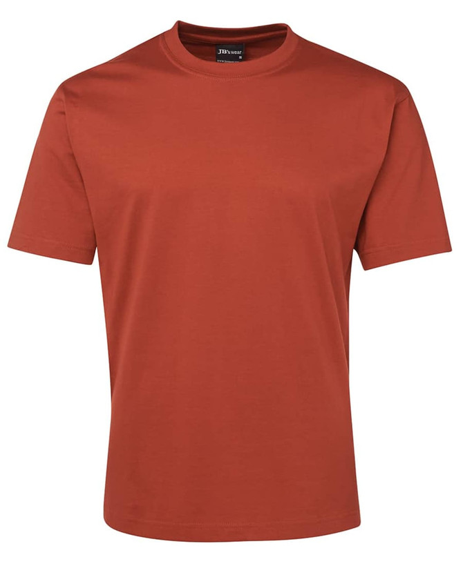 A plain rust-coloured t-shirt with short sleeves and a round neckline, featuring a label inside.