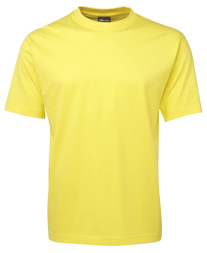 A yellow T-shirt with a crew neck and short sleeves, featuring a logo on the neckline.
