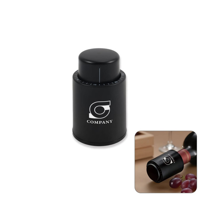 A drink bottle wine stopper in black, featuring a scale for measurement and a logo on the surface.