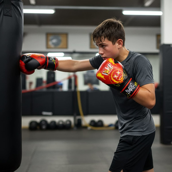 A young boy wearing red and yellow boxing gloves is training with a punching bag in a gym setting.