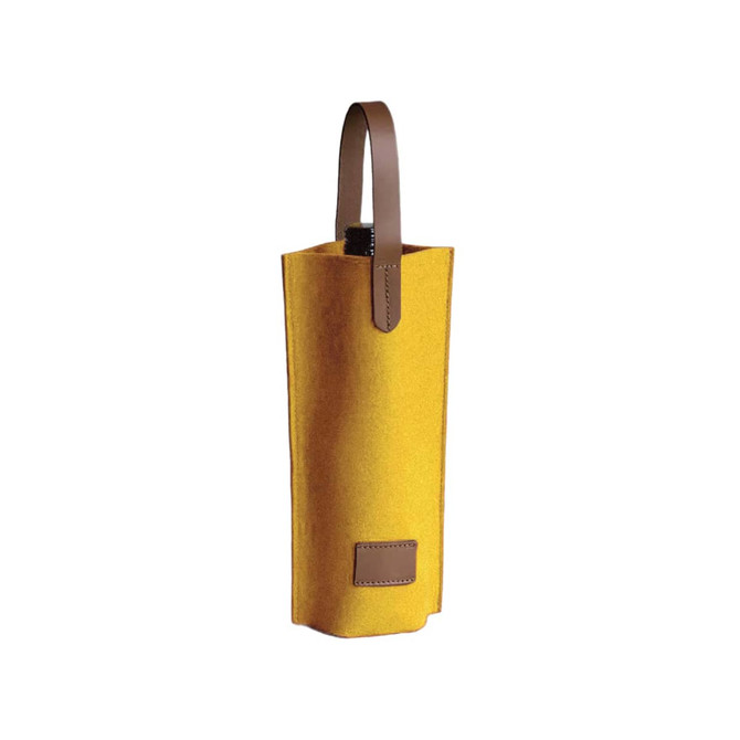A drink bottle bag made of yellow felt with a brown leather handle and a decorative brown patch.