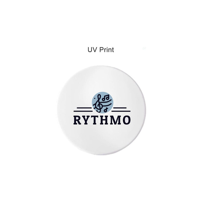 A round mirror featuring a musical design in blue and black on a white background. It includes a logo.