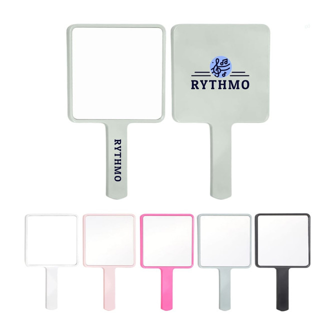 A set of handheld square mirrors in white, pink, and black, featuring a logo on some mirrors.