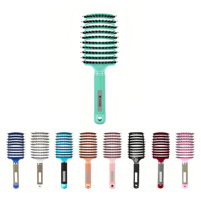 A range of detangler bristle hairbrushes in various colours, featuring a green brush at the centre, with a logo.