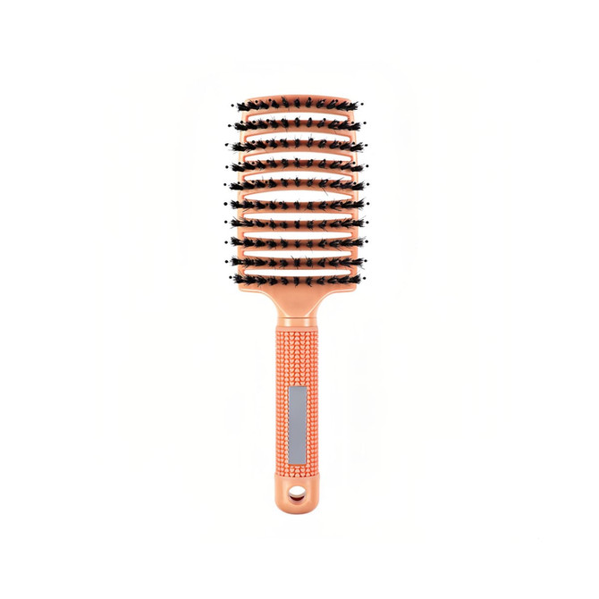A detangler bristle hairbrush in orange with a textured handle and flexible bristles, featuring a logo on the handle.