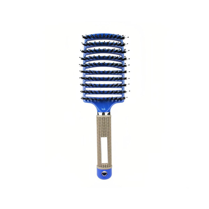 A blue detangler bristle hairbrush with a textured handle and multiple rows of bristles. It features a logo on the handle.