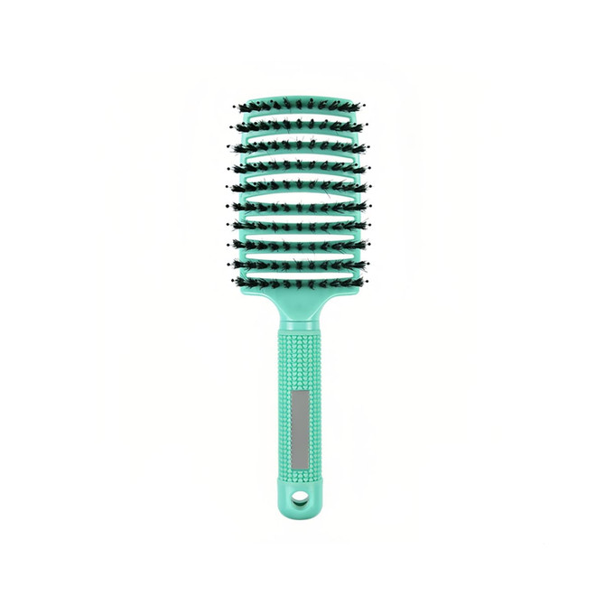 A detangler bristle hairbrush in mint green with a textured handle and a logo on the side.