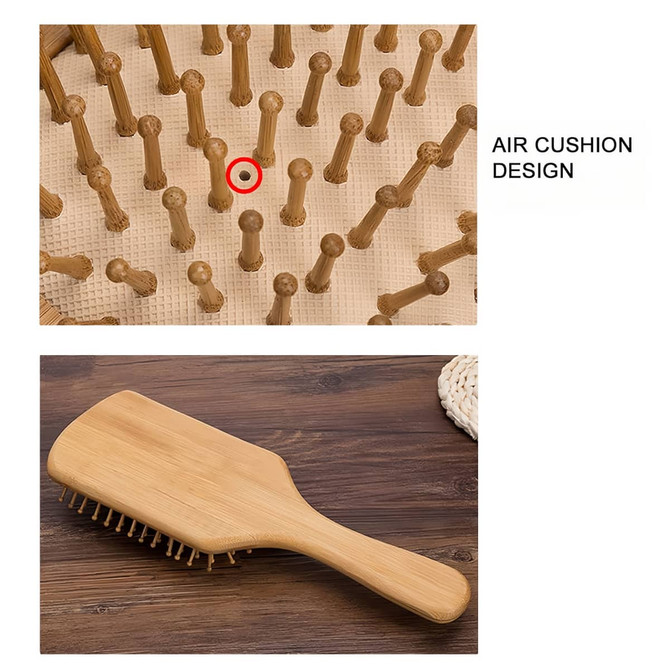 A bamboo comb hair styling tool featuring an air cushion design with wooden bristles on a wooden base.