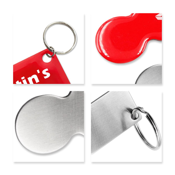 A red custom shape trolley coin keyring with a metal ring, featuring a shiny stainless steel side.