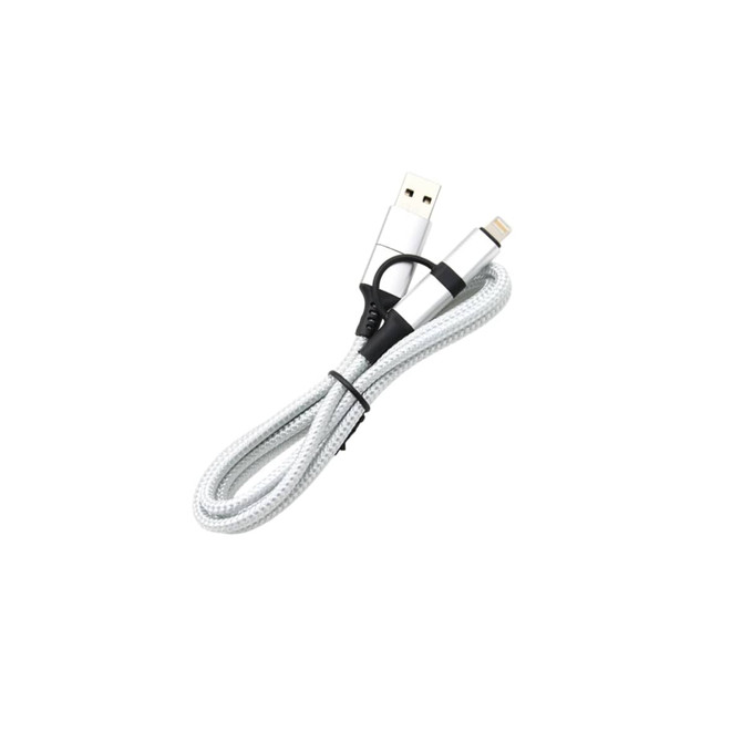 A braided charging cable in silver, featuring USB and Lightning connectors, with a black rubber tie for organisation.