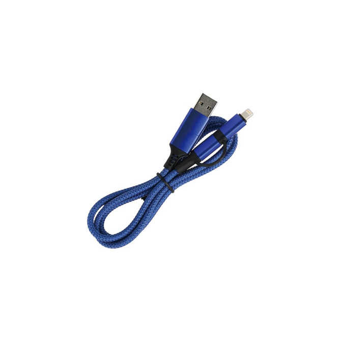 A blue, braided charging cable featuring a USB connector and a Lightning connector. It includes a logo.