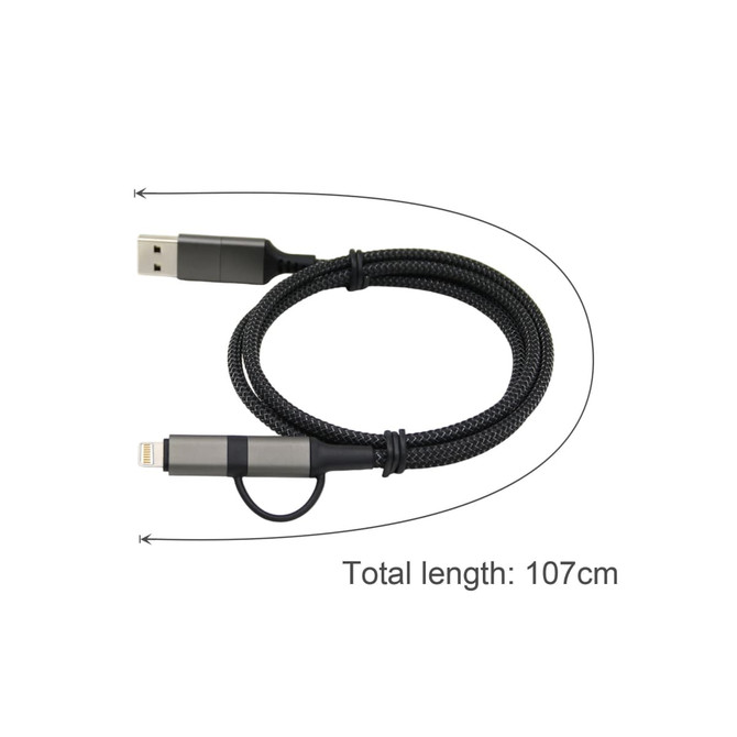 A 60W long braided charging cable in black, featuring multiple connectors and measuring 107 cm in length.