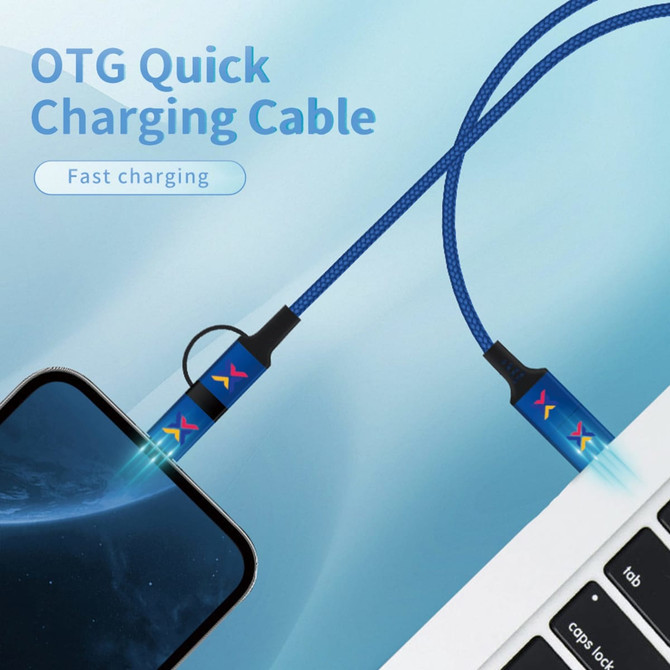 A blue braided charging cable with connectors is plugged into a smartphone and a laptop. It features a logo.