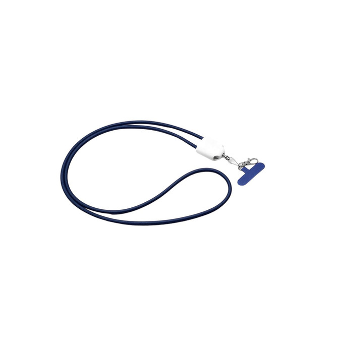 A navy blue charging phone lanyard with a white attachment and a silver clip. It features a logo.