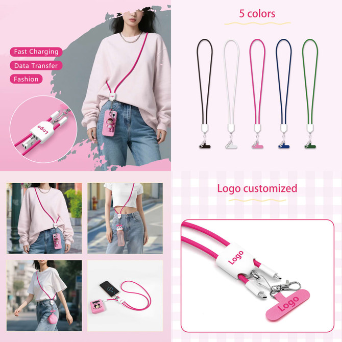 A 60W 4-in-1 charging phone lanyard in various colours, featuring a logo and multiple attachment options.