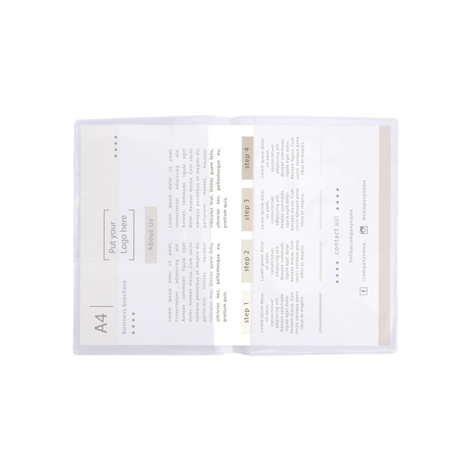 A clear soft PVC folder with a white interior, designed for A4 documents, featuring sections for informational content.
