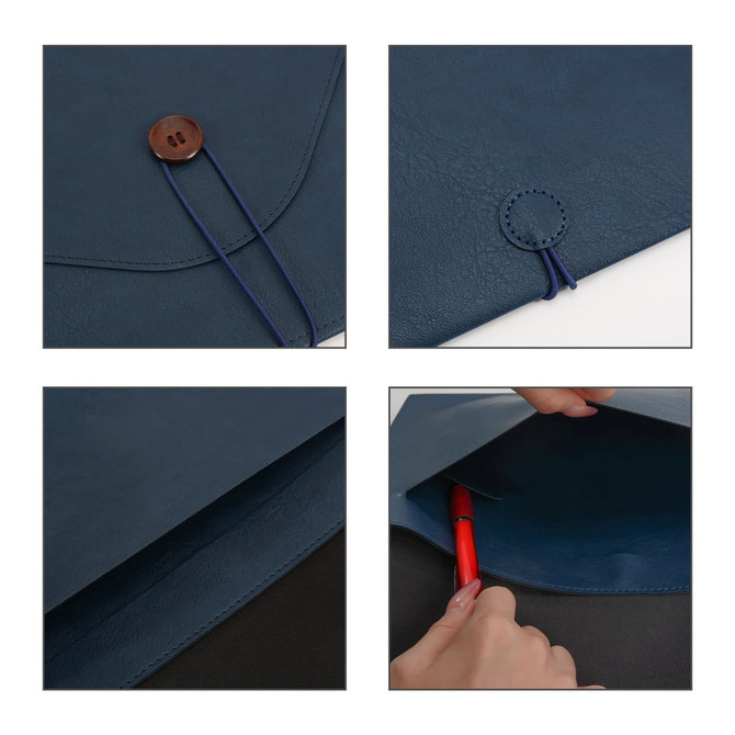 A PU leather folder in navy blue with a button closure and internal pocket, featuring a pen being held.