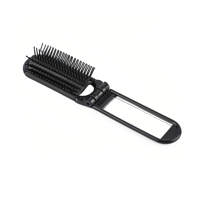 A folding hair brush in black with an integrated mirror. It features fine bristles and a compact design.